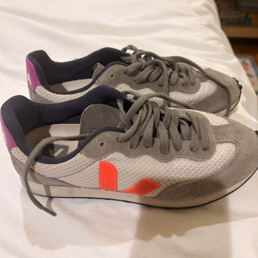Veja Gray Suede & Mesh Sneakers with Orange Logo and Purple Heel Tab